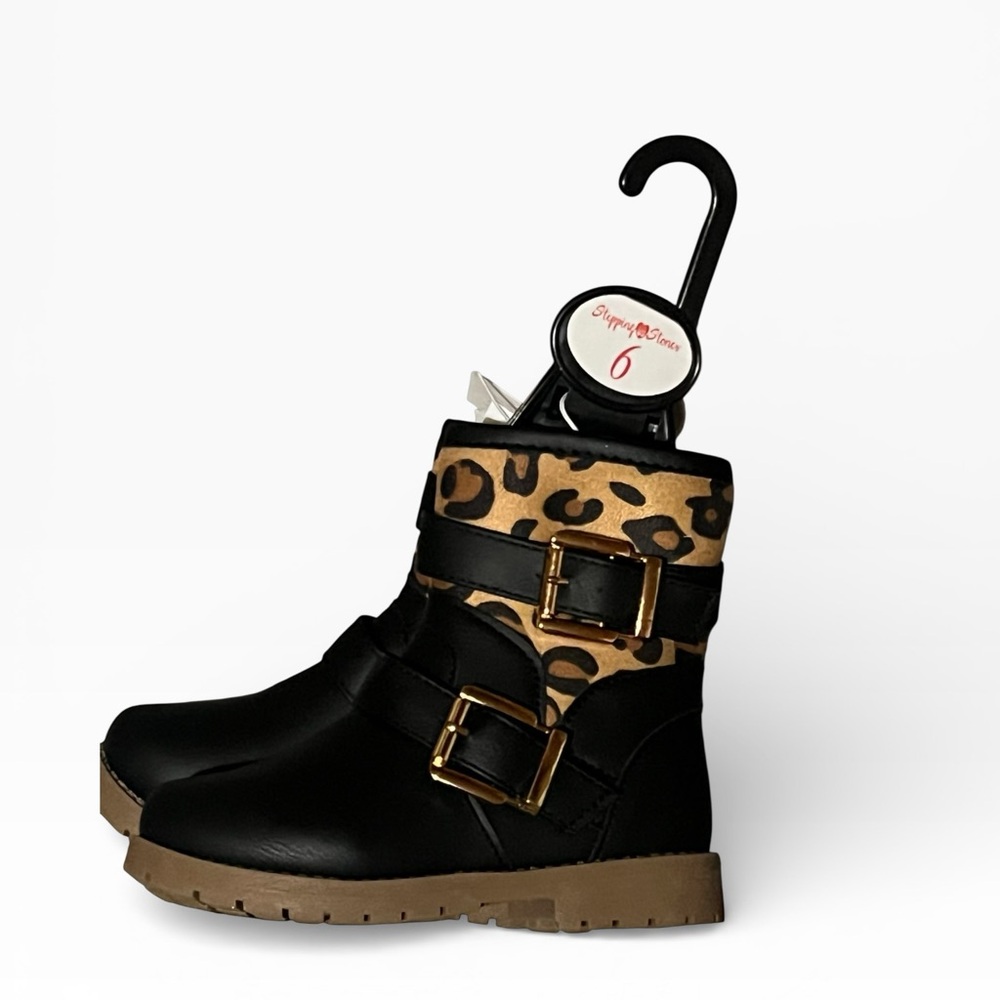 NWT Stepping Stones Toddler Black and Leopard Print Buckle Boots